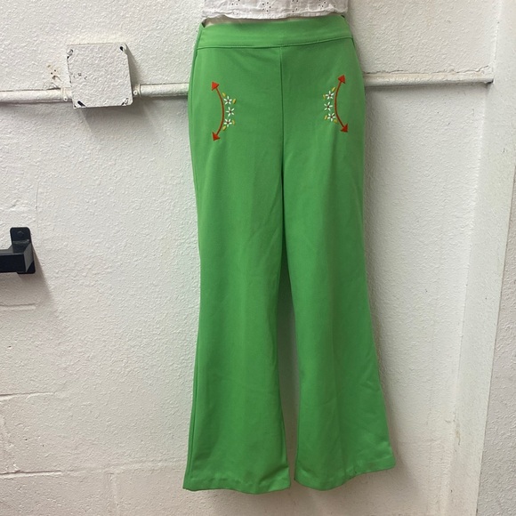 Vintage Pants - Vintage 70s - Green Flared Pants with Embroidered Detail